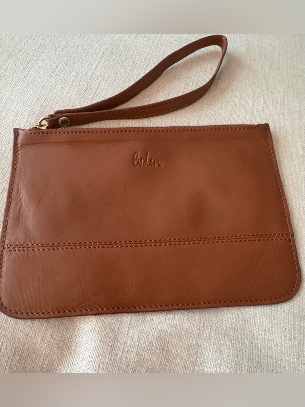 Boden Leather Minimalist Wristlet Clutch Zip Pouch in Cognac/ brass hardware